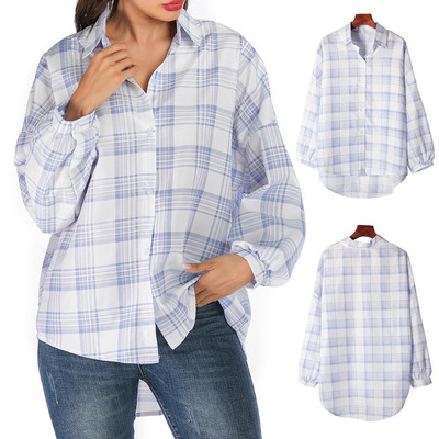 

Starmoon Fashion Women Turn Down Collar Long Sleeve Plaid Print Buttons Loose T-Shirt