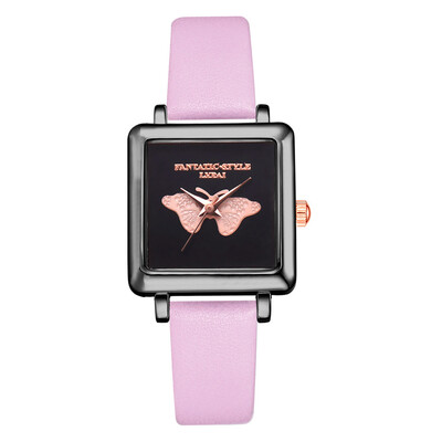 

Fashion Watches Women Square Butterfly Pattern Dial Ladies Clock Leather Strap Quartz Wristwatch Simple Casual Reloj Mujer