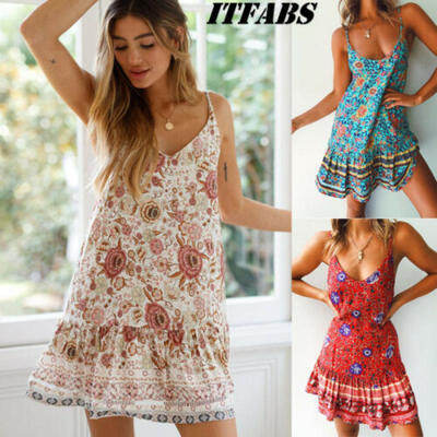 

Summer Women Boho Floral Deep V Neck Backless Cocktail Party Mini Dress Sundress
