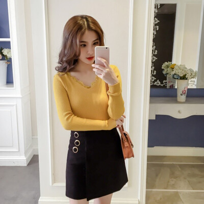 

Lace V-Neck Elastic Knitted Female Shirt Long Sleeve Slim Stretch Women Solid Tops