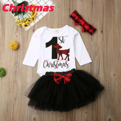 

US "My 1st Christmas" Newborn Baby Girl Long Sleeve Romper Tulle Skirt Clothes