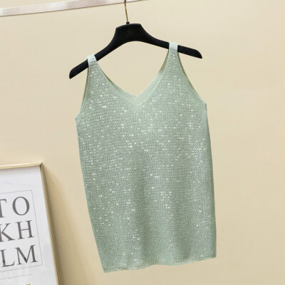 

Sleeveless Tank Tops Sexy Women V-Neck Knitted Camisole Club Spaghetti Metal Strap Camis Thin Shiny Glitter