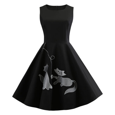 

Cat Embroidery Sleeveless Vintage Dress