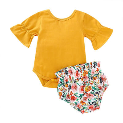 

2pcs Newborn Ruffles Short Sleeve Rompers Floral Print Shorts Clothes Set