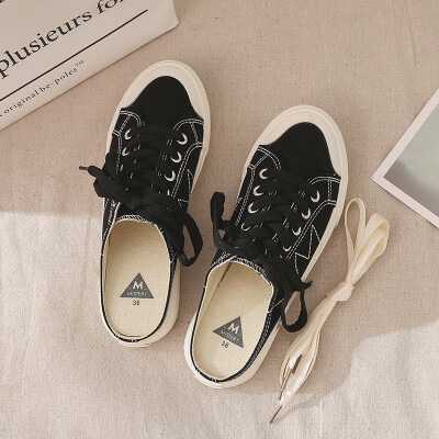 

Siyi Mistery canvas shoes female Korean version of the wild port wind breathable without heel lazy shoes women half drag a pedal