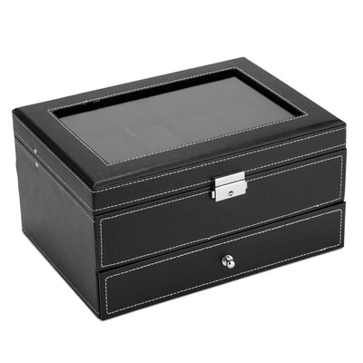 

10 Grids 2 Layers Lockable Leather Jewelry Watch Display Case Box Storage Holder