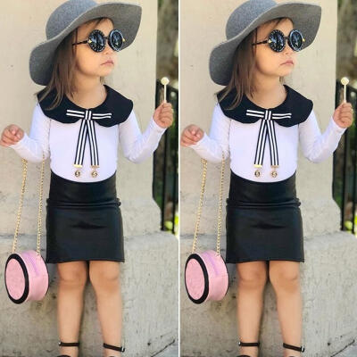 

Toddler Kids Girl Wrap Skirt Set Peter Pan Collar Long Sleeve T-shirts Top White Black PU Leather Skirt