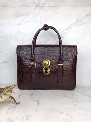 

Brown color Genuine Real Crocodile skin men business official brifecase laptop bag with cow skin linng&gold color metal parts
