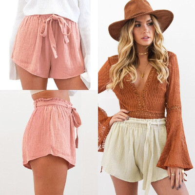 

New Fashion Women Elastic High Waist Shorts Bowknot Sash Shorts Streetwear PinkYellow