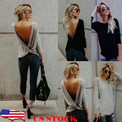 

US STOCK Women Sexy Long Sleeve Twisted Open Back Loose Tops Casual Shirt Blouse
