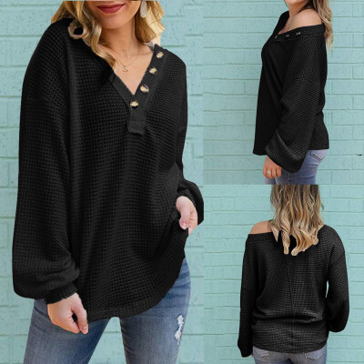 

Tailored Fashion Women Waffler Long Sleeve V Neck Solid Blouse Loose Buttons Street Tops