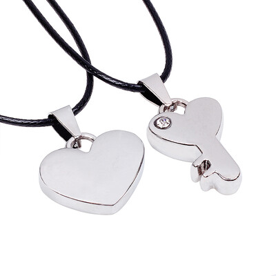 

Titanium Steel Heart-Shaped Key Lovers Pendant Necklace 2 PcsLot