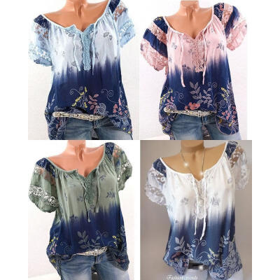 

NEW Women Short Sleeve Loose T Shirts Fashion Ladies Summer Casual Blouse Lace Floral Tops Shirt