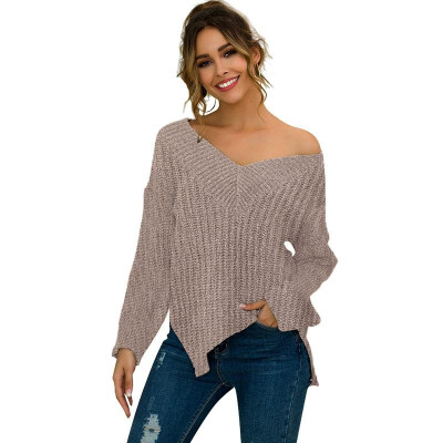 

Women Loose Knitted Pullovers Sweater Slit Side Long Sleeves Oversized Solid Autumn Winter Knitting Top