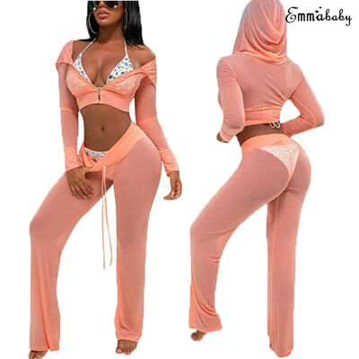 

Women Sheer Mesh Bikini Crop TopPants Cover Up Long Sleeve Swimwear Beach USA