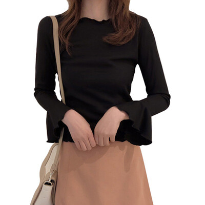 

Summer Ruffled Neckline Trumpet Sleeves Slim Bottoming Shirt style Design Simple Solid Color Womens T-shirt