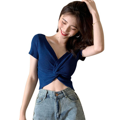 

Summer Short Sleeve Crisscross Knitted Crop Top Women Casual V Neck Solid T Shirt Women Slim Tops Camisetas Mujer