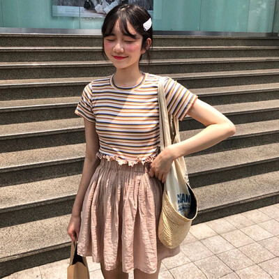 

Korean O-neck T Shirt Women Striped Tops Harajuku Tees Shirt Femme Summer Short Sleeve Casual T-shirts camiseta feminina