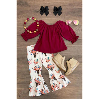 

US Toddler Baby Girl Cotton Tops T-shirt Floral Pants Bell Bottom Outfit Clothes