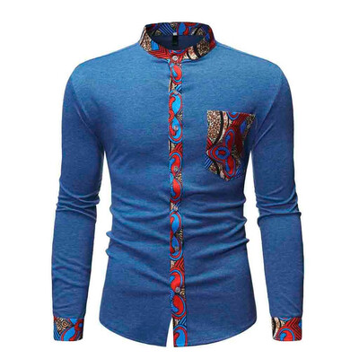 

Toponeto Men Casual Printed Button Pocket Long Sleeve Stand Collar T-Shirt Top Blouse