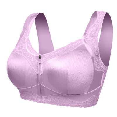 

Toponeto Women Wireless Anti-sagging Front Zip Breathable Satin Lace Hem Plus Size Bra