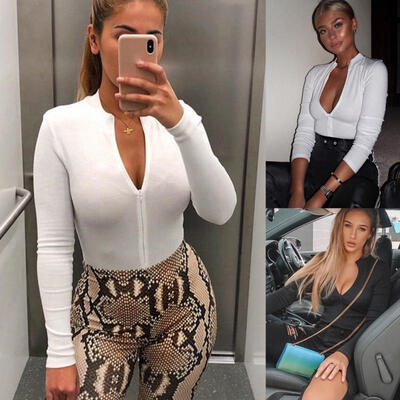 

Womens V Neck Bodysuit Stretch Long Sleeve Jumpsuit Playsuit Romper Top