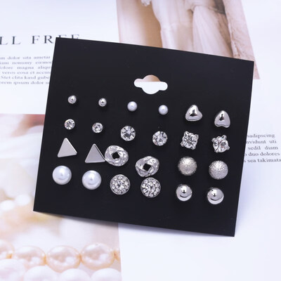 

EK782 Trendy 12 pairsset Cute Triangle Crystal Heart Stud Earrings for Women Ball Simulated Pearl Flower Earring Set brincos