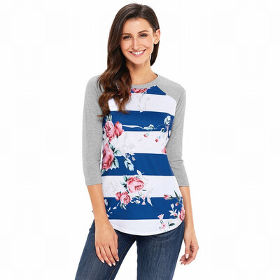 

Round neck seven-point sleeve wave point blue strip shirt retro straight top