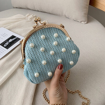 

Tailored Women Retro Pearl Hand-Woven Straw Bag Summer Travel Handle Bag Shoulder Bags