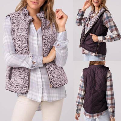 

Roseonmyhand Women Casual Solid Sleeveless Outerwear Plush Zipper Pocket Reversible Vest Coat