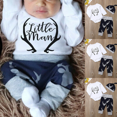 

Newborn Baby Boy Clothes Little Man Romper TopsDeer PantsHat Xmas Outfits