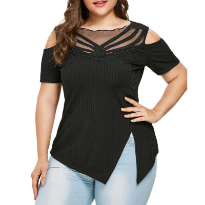 

Roseonmyhand Fashion Womens Casual Plus Size Cold Shoulder Ribbed Split T-shirt Tops Blouse