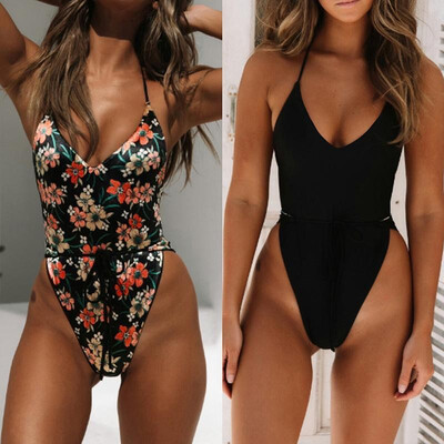 

Women Reversible One Piece Swimsuit Floral Printed Halter Plunge V Wireless Unpadded Bandage Sexy Monokini