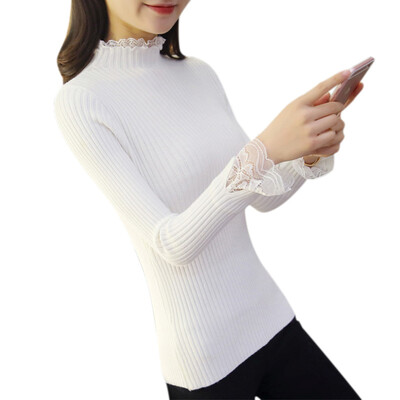 

Women Fashion Casual Autumn Winter Half-high Collar Lace Bottoming Shirt Long-sleeved Slim Sweater Shirt