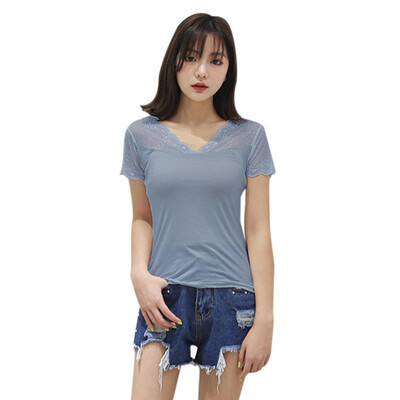 

Women Casual Lace Stitching Simple Slim V-neck Short-Sleeved Bottoming Shirt Wild T-Shirt