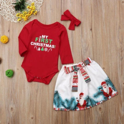 

Baby Girls Christmas Clothes Set Kids Long Sleeve Xmas Romper Bodysuit Snowman Skirt Outfits