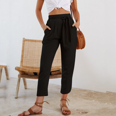 

Tailored Womens Ankle Length Pants Cotton High Waist Solid Color Trousers Ladies Pants