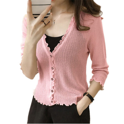 

Top Women Wooden Ear V-Neck Cropped Sleeve Thin Short Openwork Knit Sunscreen Blouse Air Conditioning Shirt Coat Top