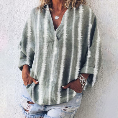 

Womens Baggy Tops Long Sleeve V Neck Stripes Printed Summer Party Blouse Shirts