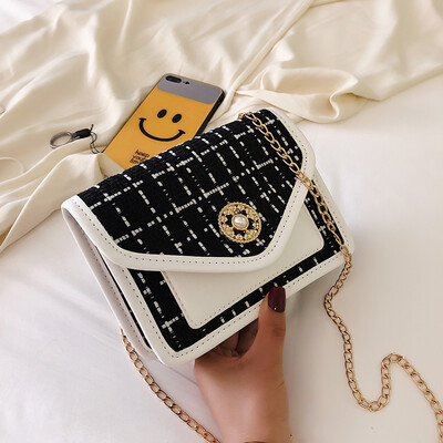 

2019 new simple contrast color line woven bag temperament chain Messenger bag female fashion wild personality shoulder bag