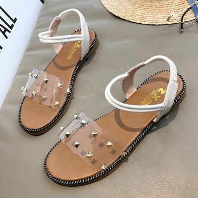 

Korean version of student sandals female Xia Han version of 100 flat bottoms transparent open toes fashionable social riveted s
