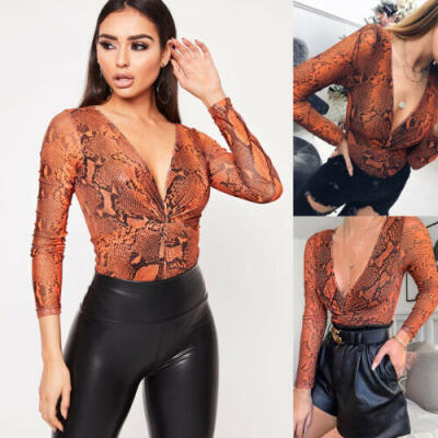 

2019 Womens Snake Skin Leotard Tops Jumpsuit Long Sleeve V-neck Stretch Bodysuit