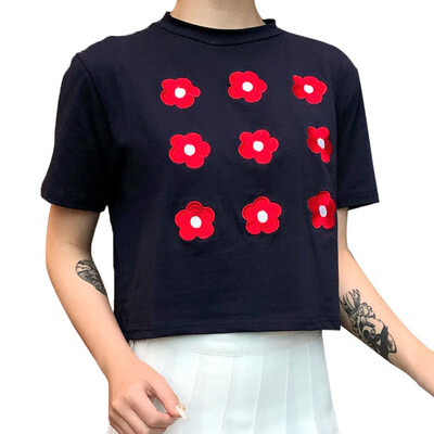 

Spring Girls Sexy Flowers Print Pink Cotton T-shirt Women Short Sleeve Navel Bare Cropped Tops Tees Streetwear T Shirts