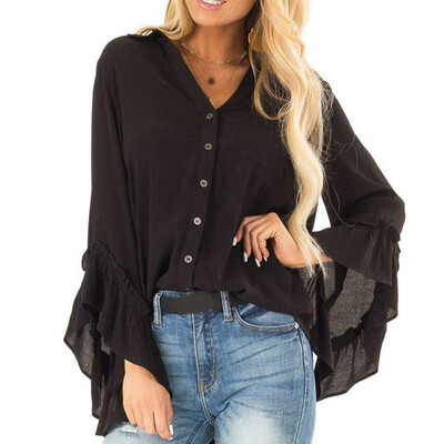 

Fashion Women Solid Blouse Tee Shirt Long Sleeve T-shirts Casual V Neck Tops