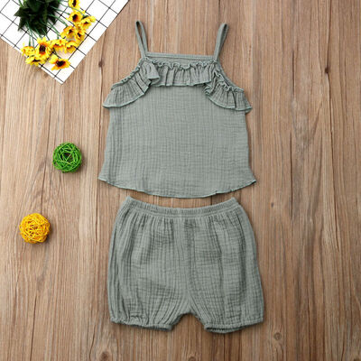 

Toddler Baby Girls Ruffle Solid Vest TopsShorts Pants 2PCS Outfits Clothes