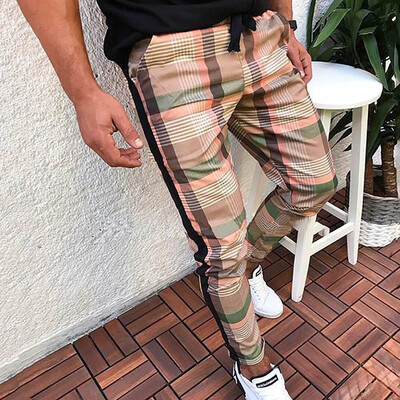 

Gobestart Men Lattice Pencil Casual Plaid Drawstring Elastic Waist Long Pants Trousers