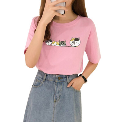 

T shirt Women Summer Four Little Cartoon Cat Print Short Sleeve O Neck Girl Tops Casual Loose Tee shirt Women Basic Daily