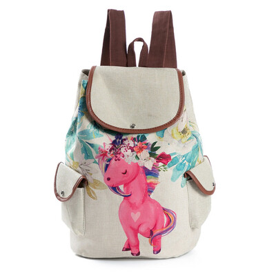 

New Design Cute Unicorn Printing Linen Backpacks Teenage Girls Cartoon Shoulder Schoolbags Female Fashion Drawstring Travel Bag