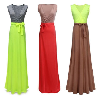 

Fashion Women Sexy Sleeveless Low Cut Color Block Wrap Tie Waist Long Maxi Dress