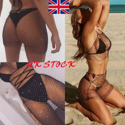 

Women Sexy Sequins Crystal Mesh Slim Mini Short Skirt Bodycon Bikini Cover Up UK